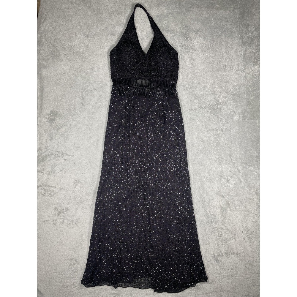 Vintage BEADS Dress Silk One-Piece Womens M Black Beaded Lined Formal Cocktail